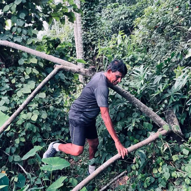 CH3 hasher climbing through fallen branches on a dense jungle trail