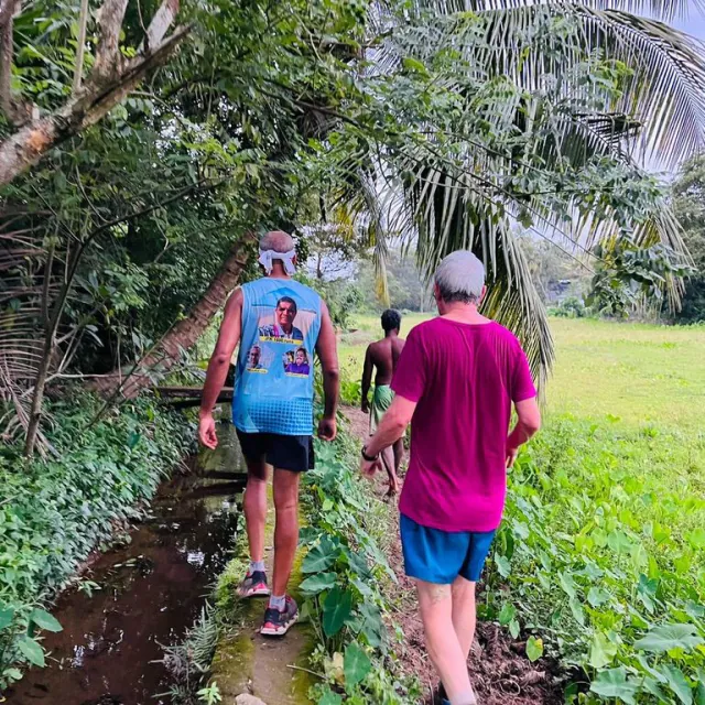 CH3 pack walking single-file along a narrow path beside a green field